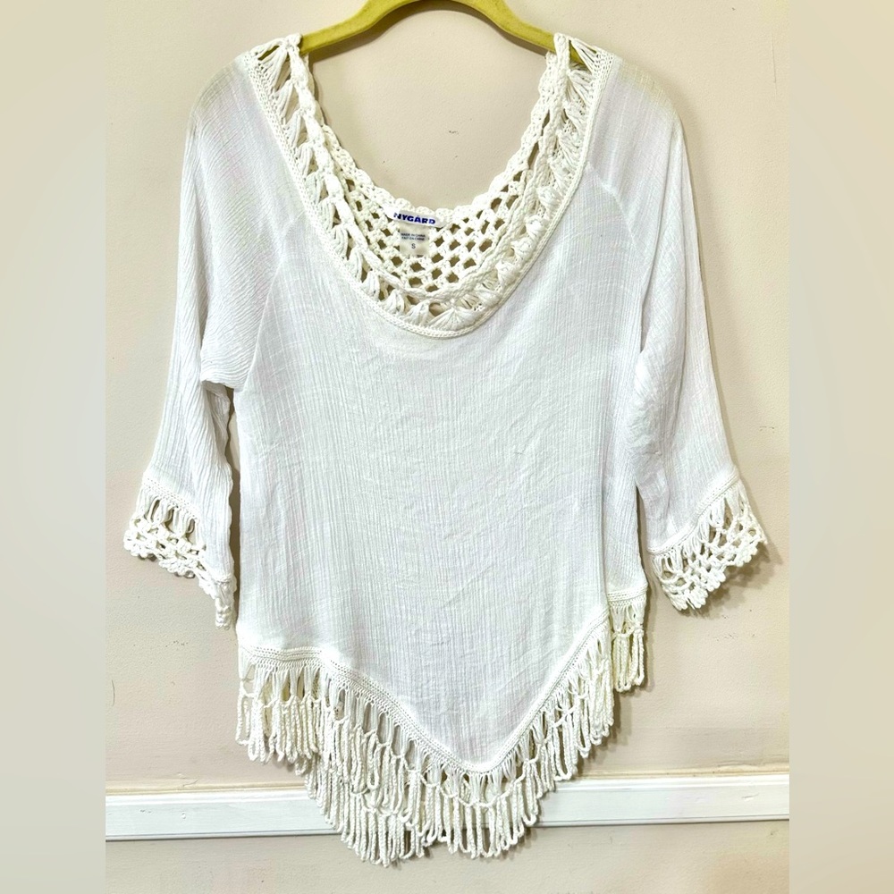 Women's White Crochet Trim Poncho Top